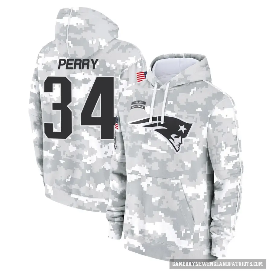 Men's ＃34 Mark Perry New England Patriots Arctic Camo 2024 Salute to Service Club Fleece Pullover Hoodie