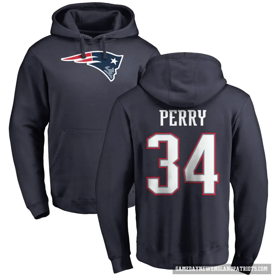 Men's ＃34 Mark Perry New England Patriots Navy Pro Line Logo Pullover Hoodie