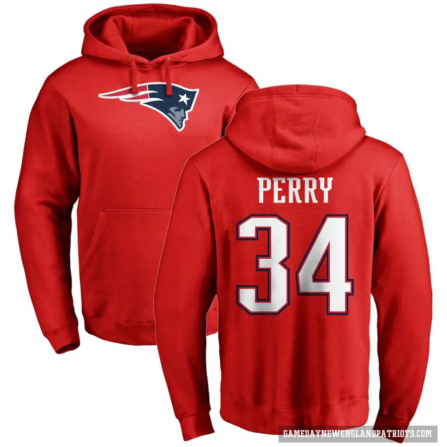 Men's ＃34 Mark Perry New England Patriots Red Pro Line Name & Number Logo Pullover Hoodie