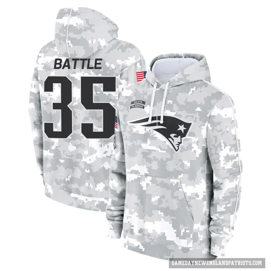 Men's ＃35 Miles Battle New England Patriots Arctic Camo 2024 Salute to Service Club Fleece Pullover Hoodie