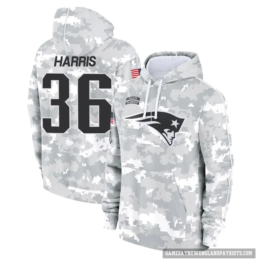 Men's ＃36 Kevin Harris New England Patriots Arctic Camo 2024 Salute to Service Club Fleece Pullover Hoodie