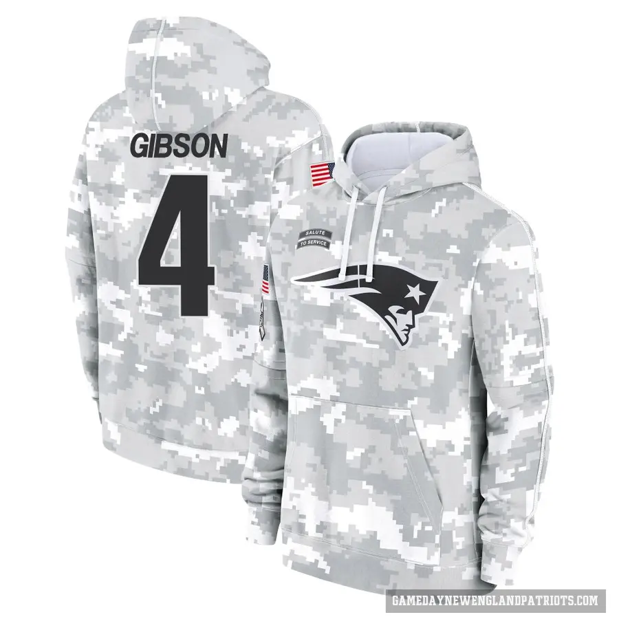 Men's ＃4 Antonio Gibson New England Patriots Arctic Camo 2024 Salute to Service Club Fleece Pullover Hoodie