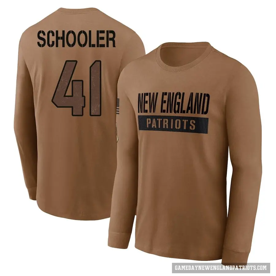 Men's ＃41 Brenden Schooler New England Patriots Brown 2023 Salute To Service Long Sleeve T-Shirt