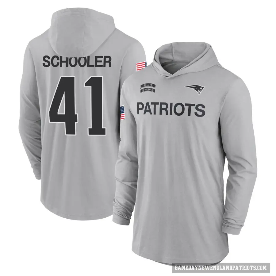 Men's ＃41 Brenden Schooler New England Patriots Gray 2024 Salute to Service Lightweight Performance Long Sleeve Hooded T-Shirt