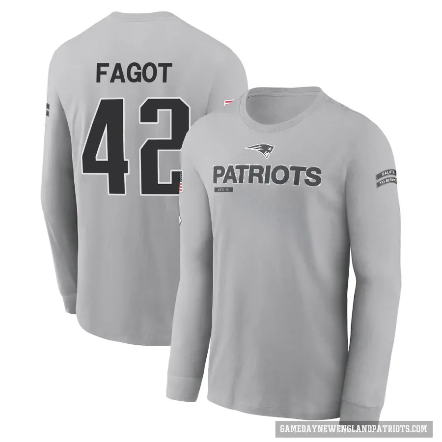 Men's ＃42 Diego Fagot New England Patriots Gray 2024 Salute to Service Long Sleeve T-Shirt