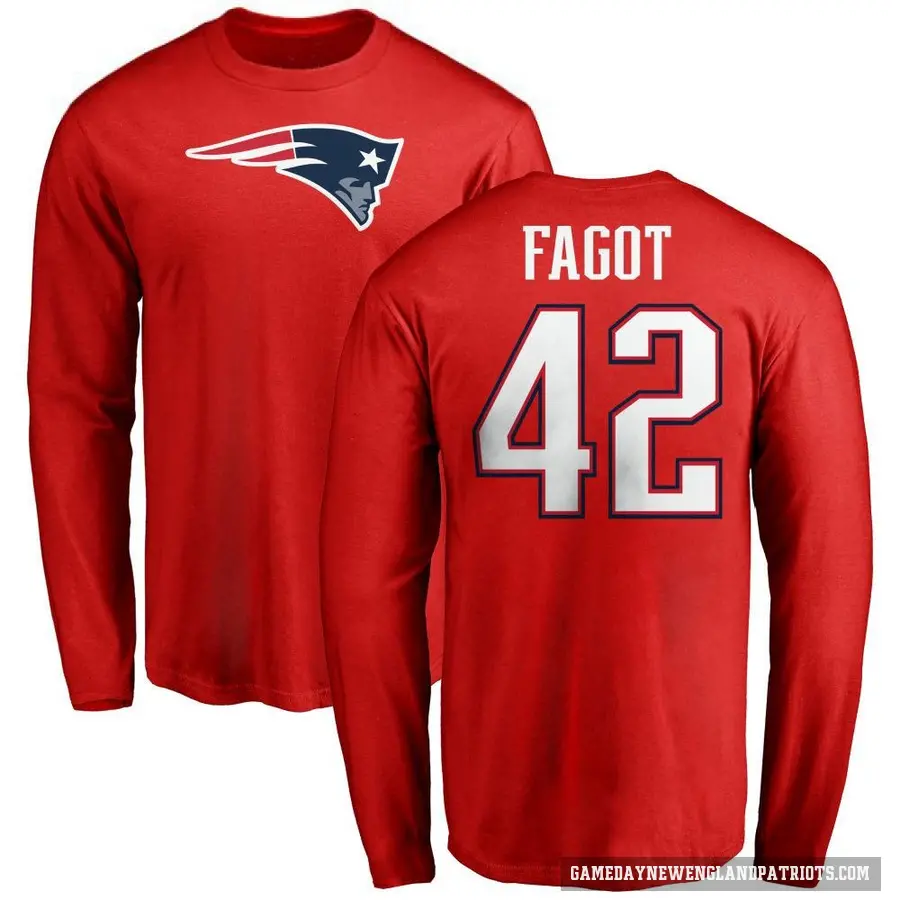 Men's ＃42 Diego Fagot New England Patriots Red Logo Long Sleeve T-Shirt