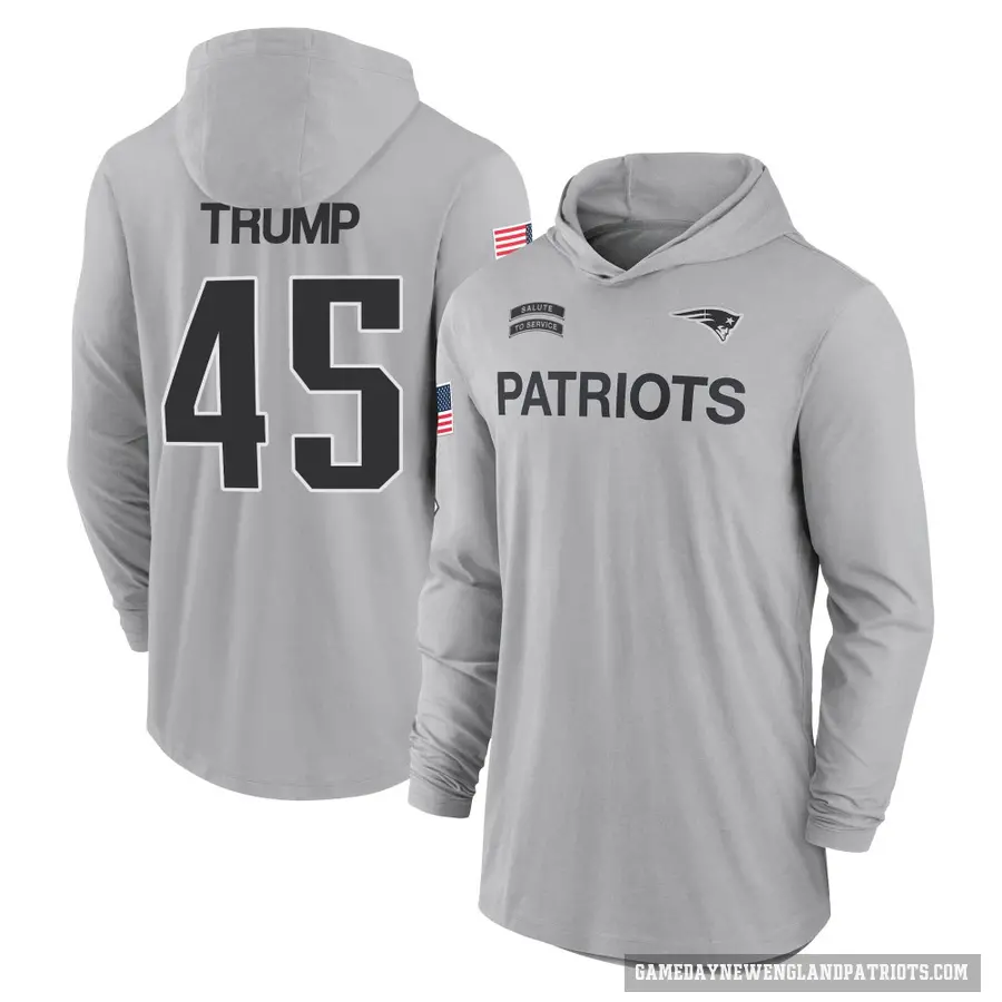 Men's ＃45 Donald Trump New England Patriots Gray 2024 Salute to Service Lightweight Performance Long Sleeve Hooded T-Shirt