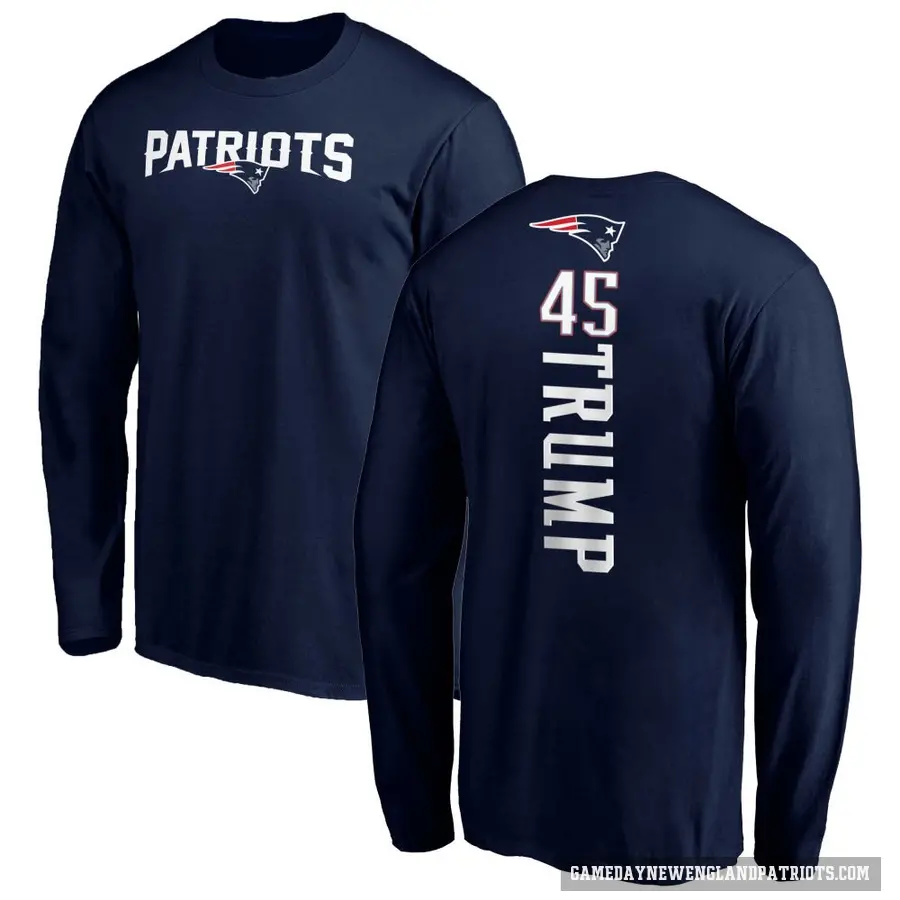 Men's ＃45 Donald Trump New England Patriots Navy Backer Long Sleeve T-Shirt