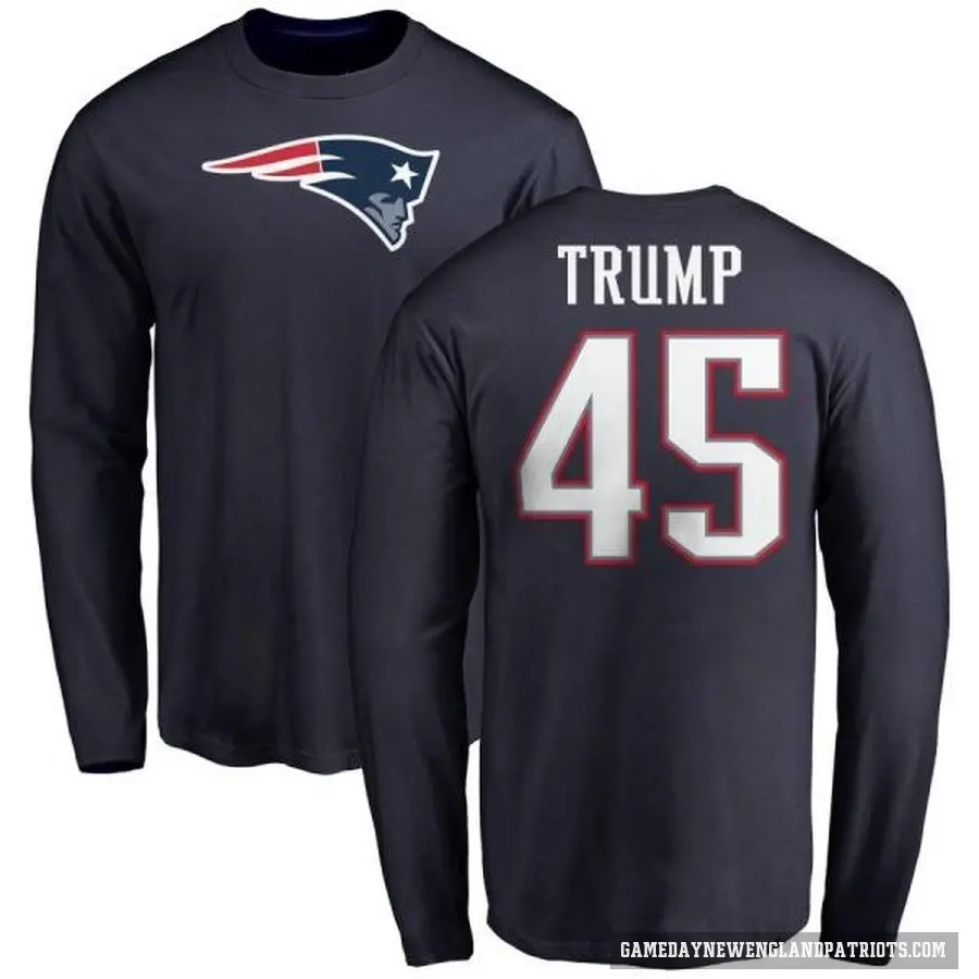 Men's ＃45 Donald Trump New England Patriots Navy Logo Long Sleeve T-Shirt