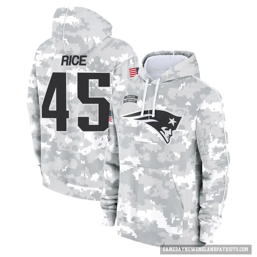 Men's ＃45 Monty Rice New England Patriots Arctic Camo 2024 Salute to Service Club Fleece Pullover Hoodie