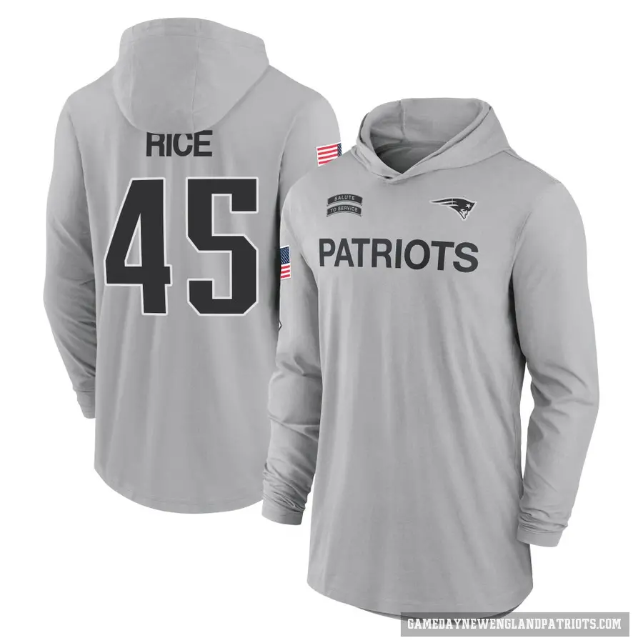 Men's ＃45 Monty Rice New England Patriots Gray 2024 Salute to Service Lightweight Performance Long Sleeve Hooded T-Shirt