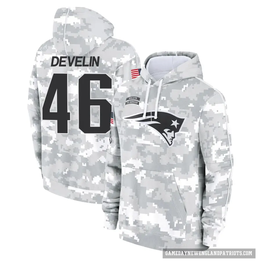 Men's ＃46 James Develin New England Patriots Arctic Camo 2024 Salute to Service Club Fleece Pullover Hoodie