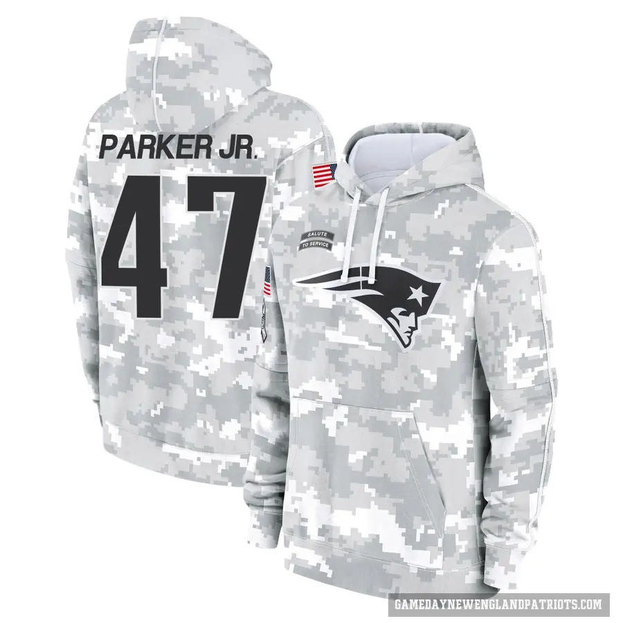 Men's ＃47 Andrew Parker Jr. New England Patriots Arctic Camo 2024 Salute to Service Club Fleece Pullover Hoodie