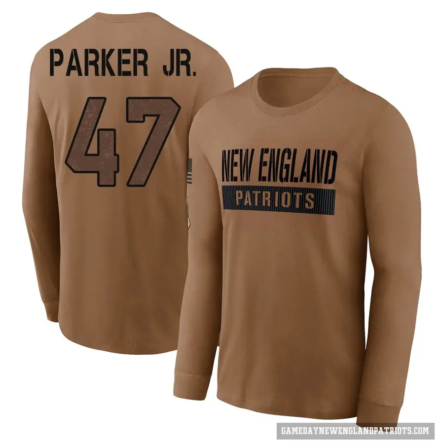 Men's ＃47 Andrew Parker Jr. New England Patriots Brown 2023 Salute To Service Long Sleeve T-Shirt