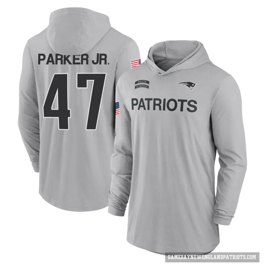 Men's ＃47 Andrew Parker Jr. New England Patriots Gray 2024 Salute to Service Lightweight Performance Long Sleeve Hooded T-Shirt