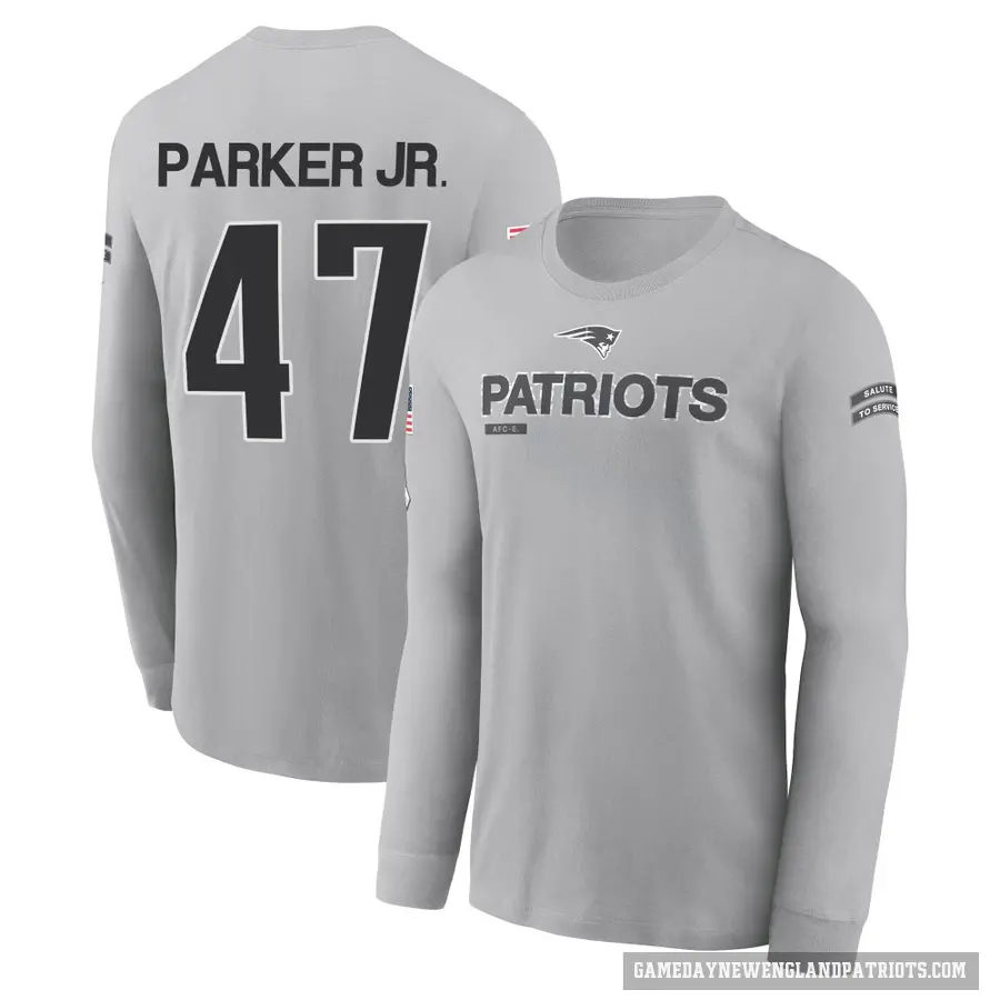 Men's ＃47 Andrew Parker Jr. New England Patriots Gray 2024 Salute to Service Long Sleeve T-Shirt