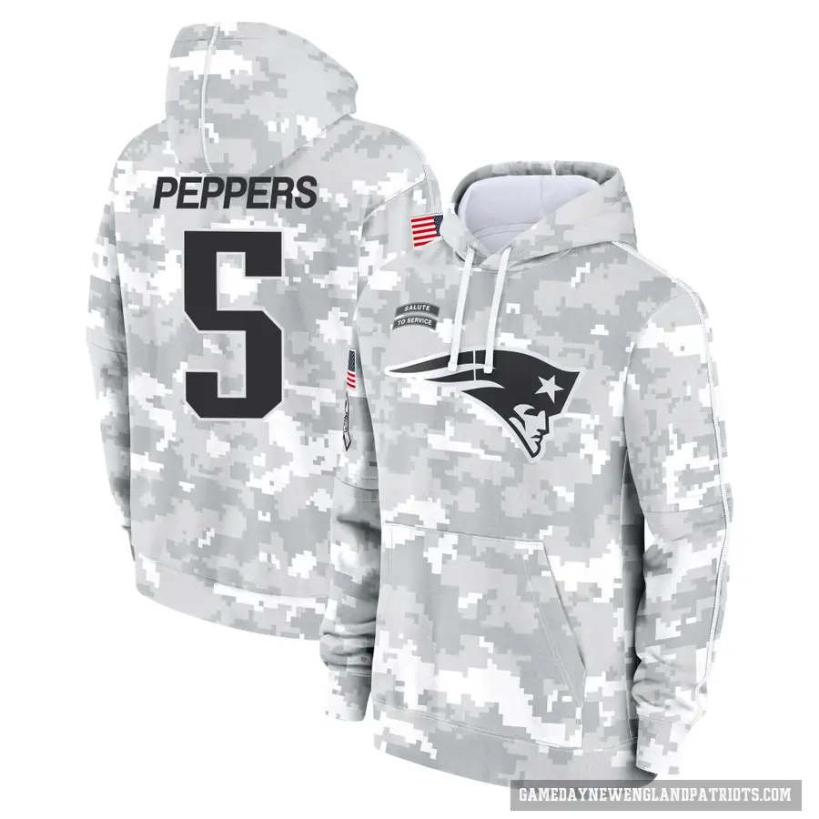 Men's ＃5 Jabrill Peppers New England Patriots Arctic Camo 2024 Salute to Service Club Fleece Pullover Hoodie