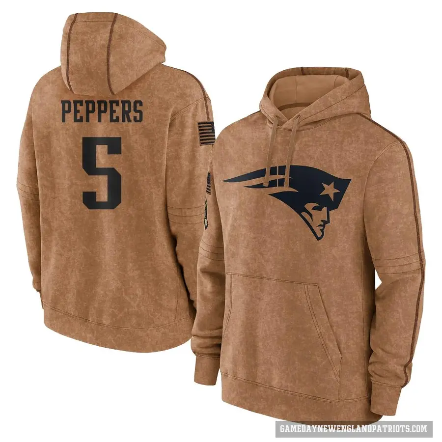 Men's ＃5 Jabrill Peppers New England Patriots Brown 2023 Salute To Service Club Pullover Hoodie