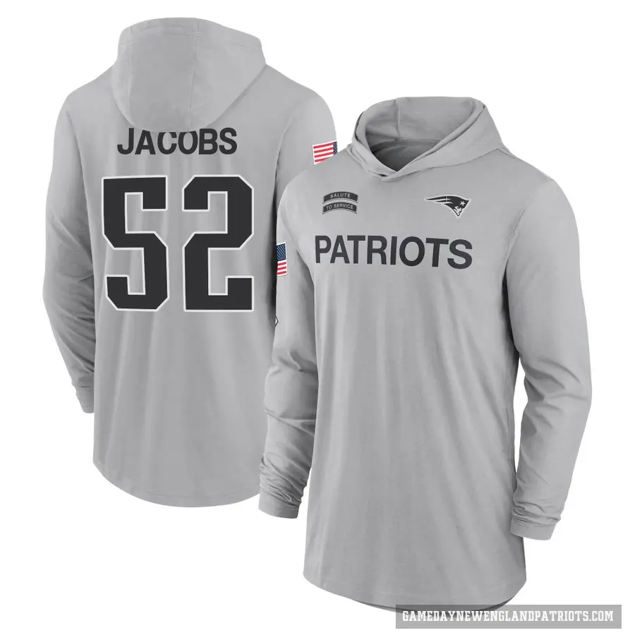 Men's ＃52 Curtis Jacobs New England Patriots Gray 2024 Salute to Service Lightweight Performance Long Sleeve Hooded T-Shirt