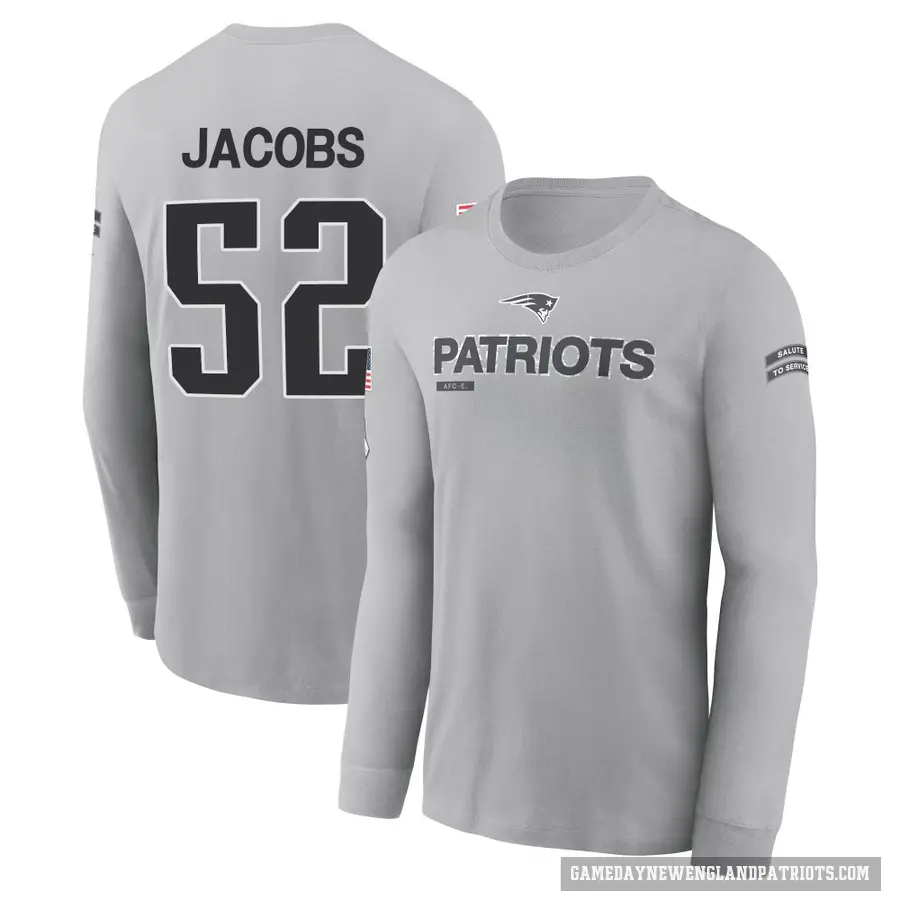 Men's ＃52 Curtis Jacobs New England Patriots Gray 2024 Salute to Service Long Sleeve T-Shirt