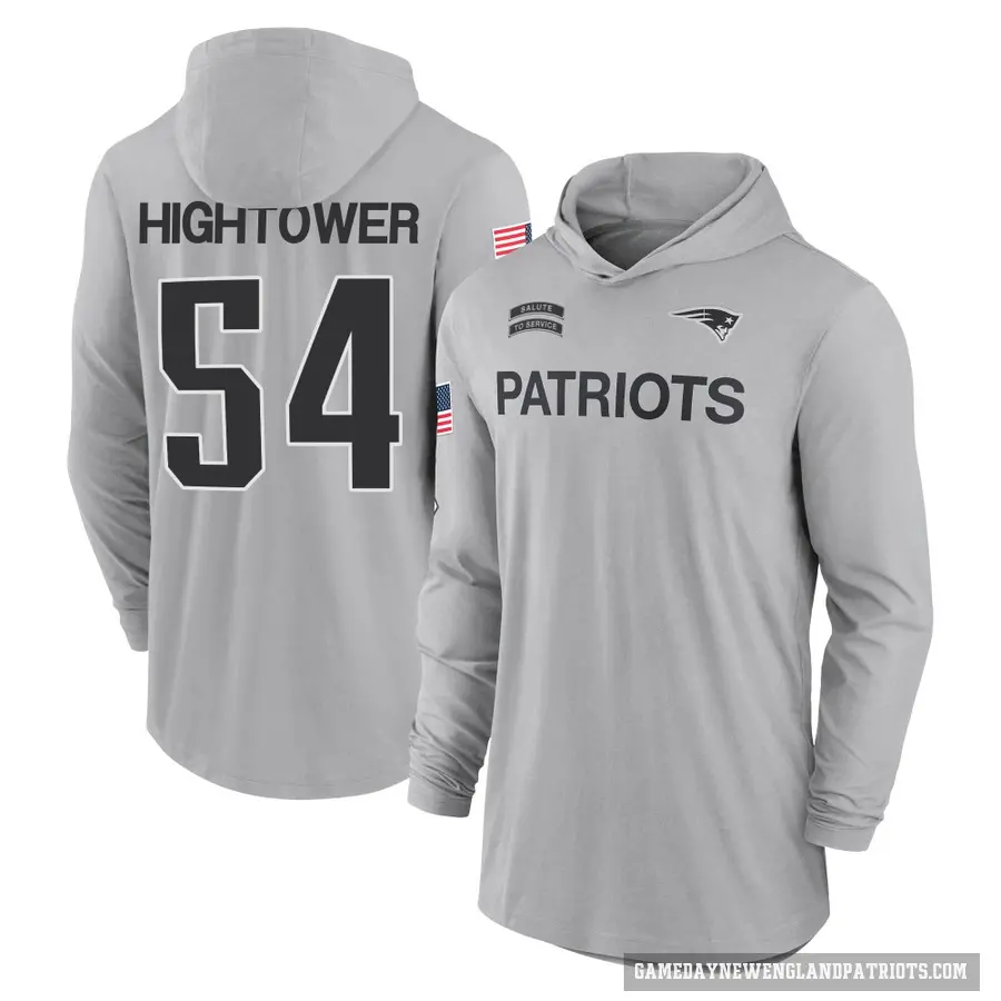 Men's ＃54 Dont'a Hightower New England Patriots Gray 2024 Salute to Service Lightweight Performance Long Sleeve Hooded T-Shirt