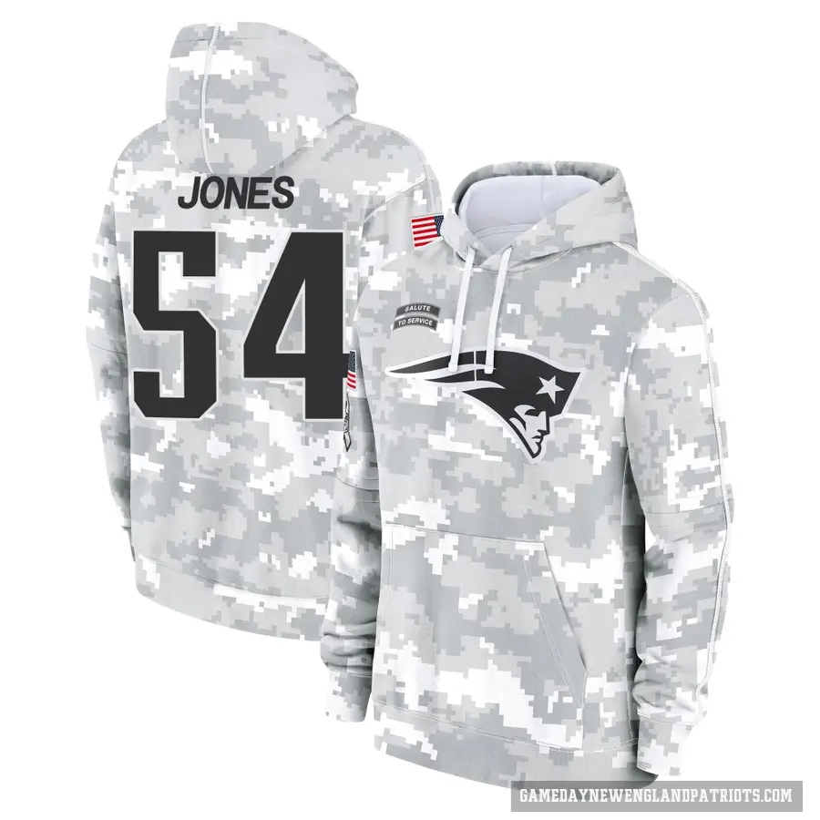 Men's ＃54 Truman Jones New England Patriots Arctic Camo 2024 Salute to Service Club Fleece Pullover Hoodie