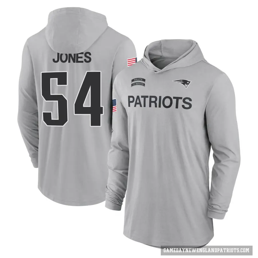 Men's ＃54 Truman Jones New England Patriots Gray 2024 Salute to Service Lightweight Performance Long Sleeve Hooded T-Shirt