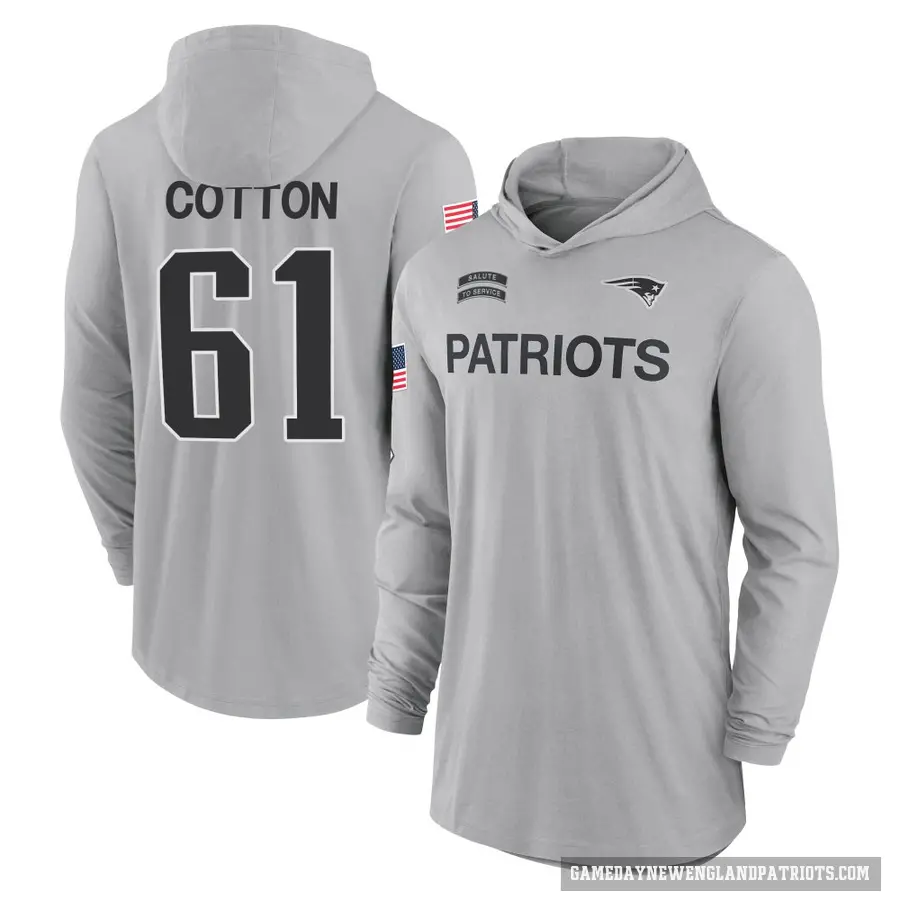 Men's ＃61 Lester Cotton New England Patriots Gray 2024 Salute to Service Lightweight Performance Long Sleeve Hooded T-Shirt