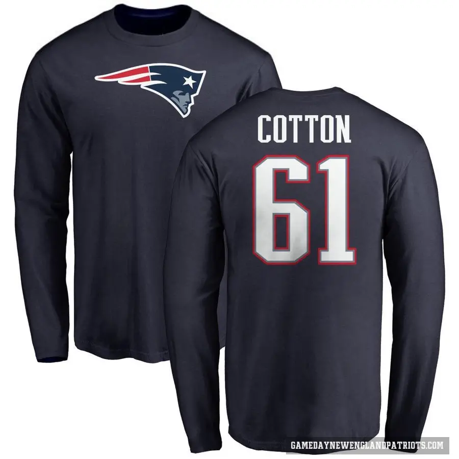 Men's ＃61 Lester Cotton New England Patriots Navy Logo Long Sleeve T-Shirt