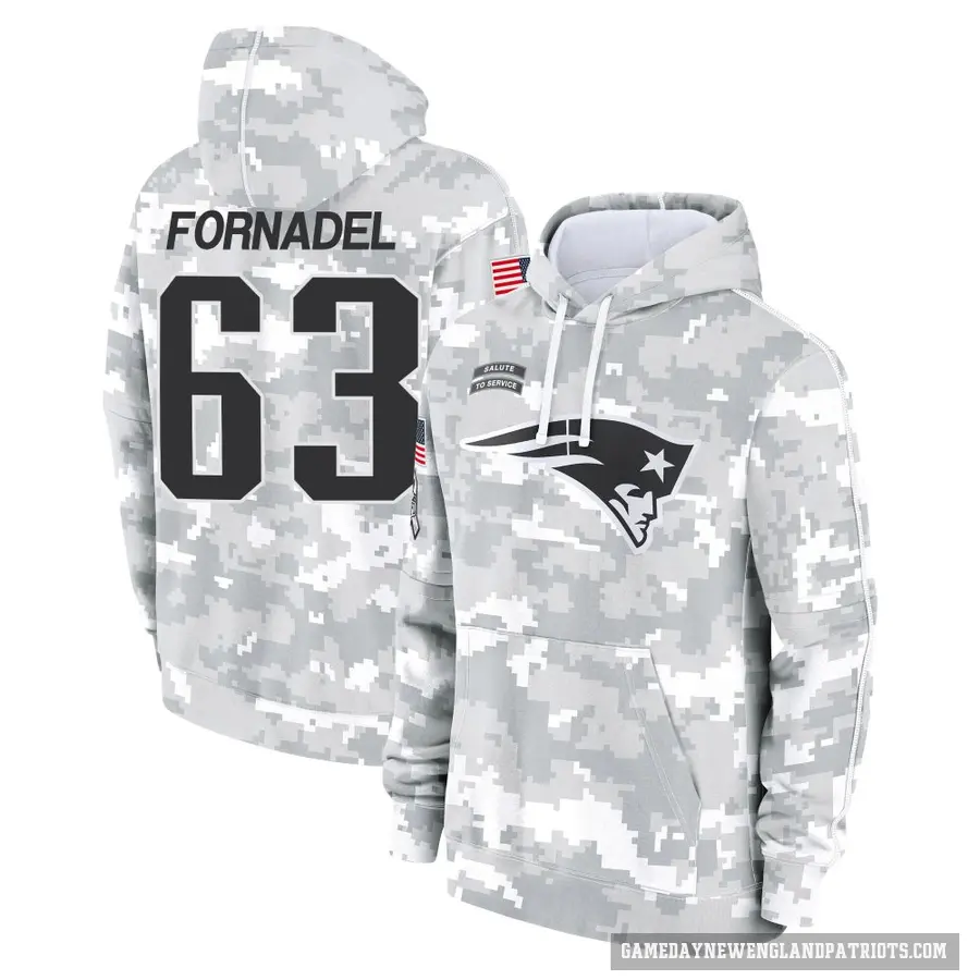 Men's ＃63 Liam Fornadel New England Patriots Arctic Camo 2024 Salute to Service Club Fleece Pullover Hoodie