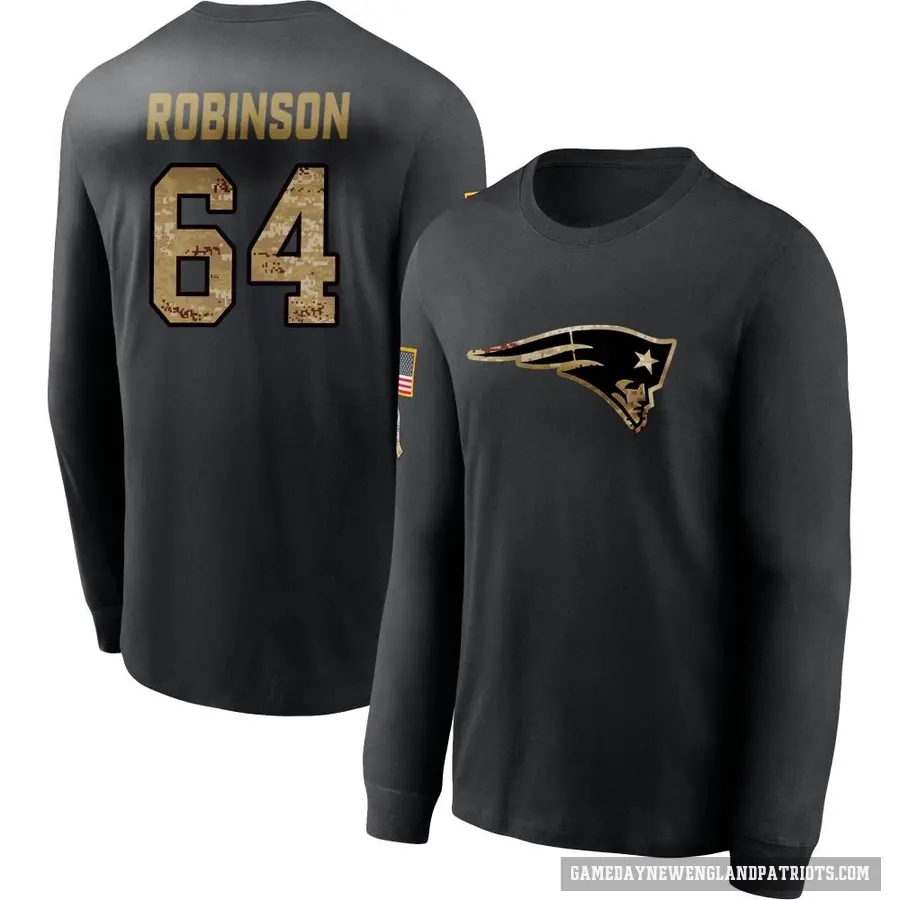 Men's ＃64 Layden Robinson New England Patriots Black 2020 Salute To Service Sideline Performance Long Sleeve T-Shirt