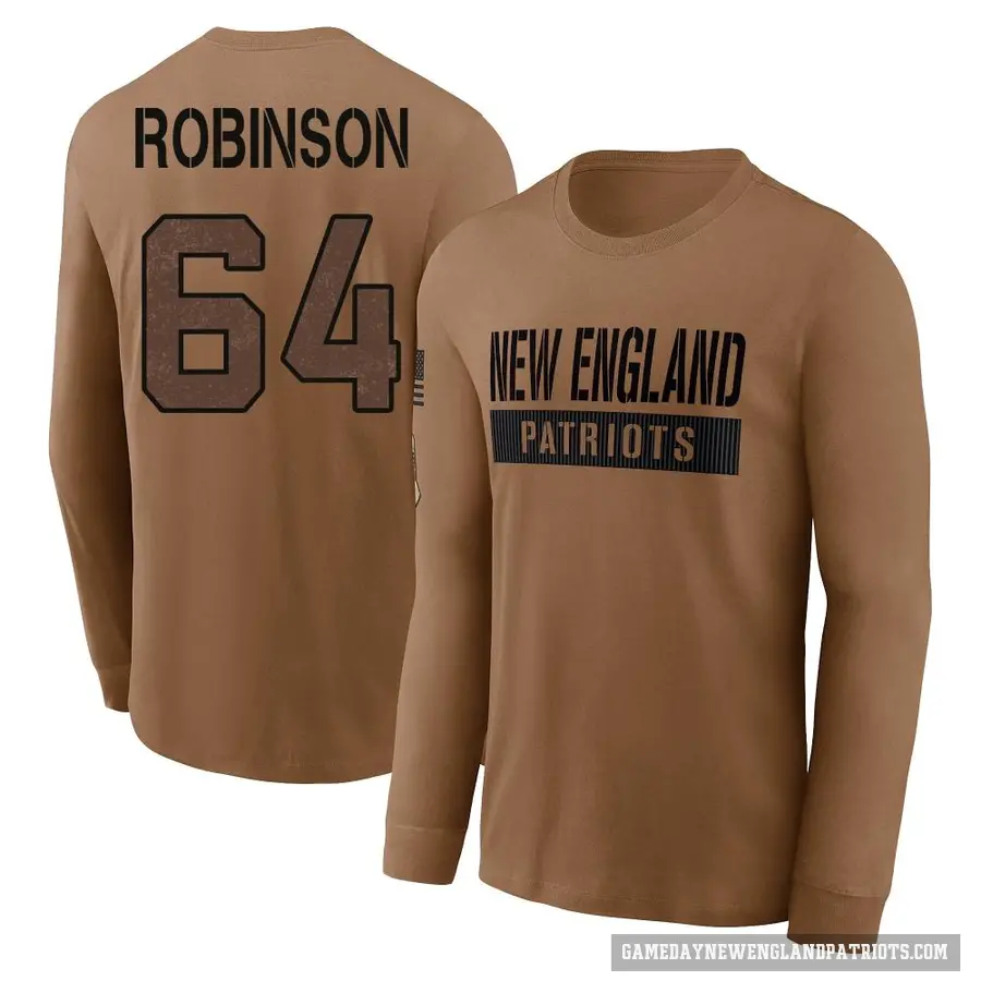 Men's ＃64 Layden Robinson New England Patriots Brown 2023 Salute To Service Long Sleeve T-Shirt