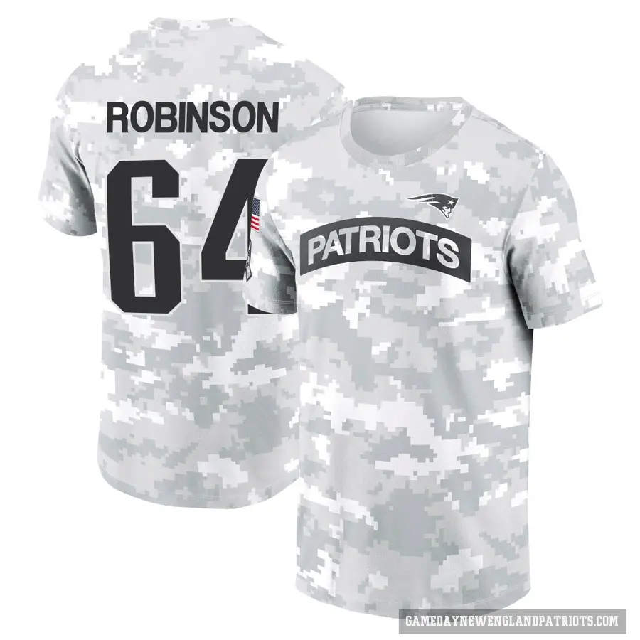 Men's ＃64 Layden Robinson New England Patriots Camo Arctic 2024 Salute to Service Performance T-Shirt