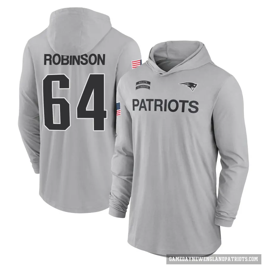 Men's ＃64 Layden Robinson New England Patriots Gray 2024 Salute to Service Lightweight Performance Long Sleeve Hooded T-Shirt