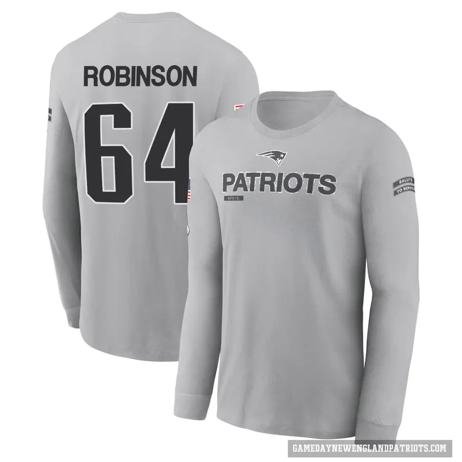 Men's ＃64 Layden Robinson New England Patriots Gray 2024 Salute to Service Long Sleeve T-Shirt