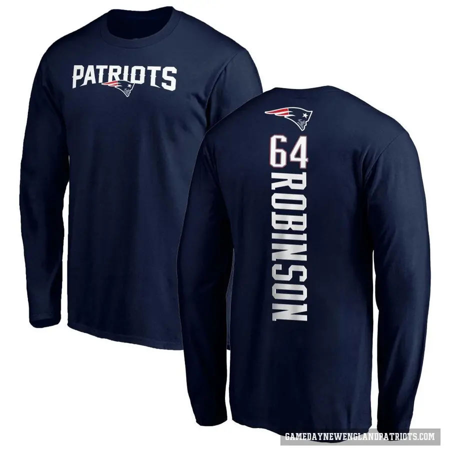 Men's ＃64 Layden Robinson New England Patriots Navy Backer Long Sleeve T-Shirt