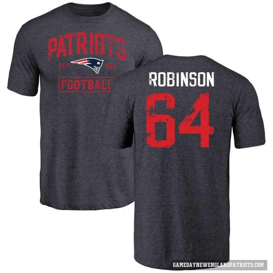 Men's ＃64 Layden Robinson New England Patriots Navy Distressed T-Shirt