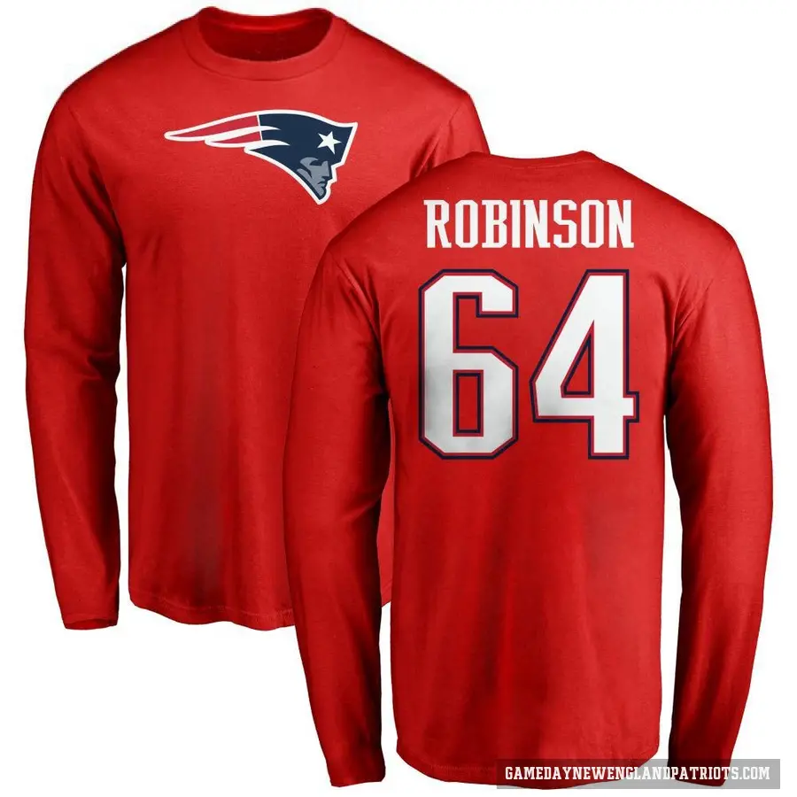 Men's ＃64 Layden Robinson New England Patriots Red Logo Long Sleeve T-Shirt