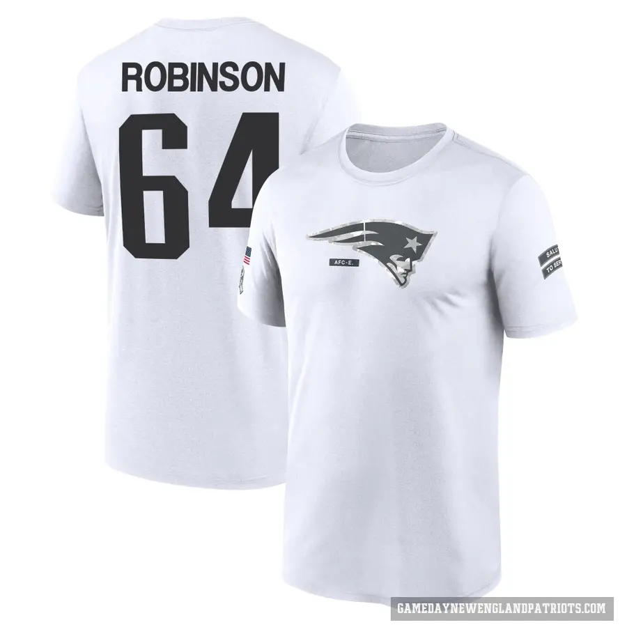 Men's ＃64 Layden Robinson New England Patriots White 2024 Salute to Service Performance T-Shirt