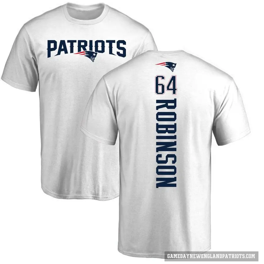 Men's ＃64 Layden Robinson New England Patriots White Backer T-Shirt