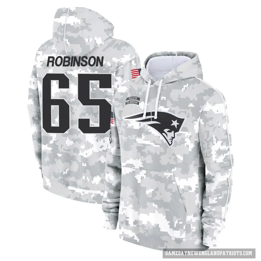 Men's ＃65 Tyrese Robinson New England Patriots Arctic Camo 2024 Salute to Service Club Fleece Pullover Hoodie