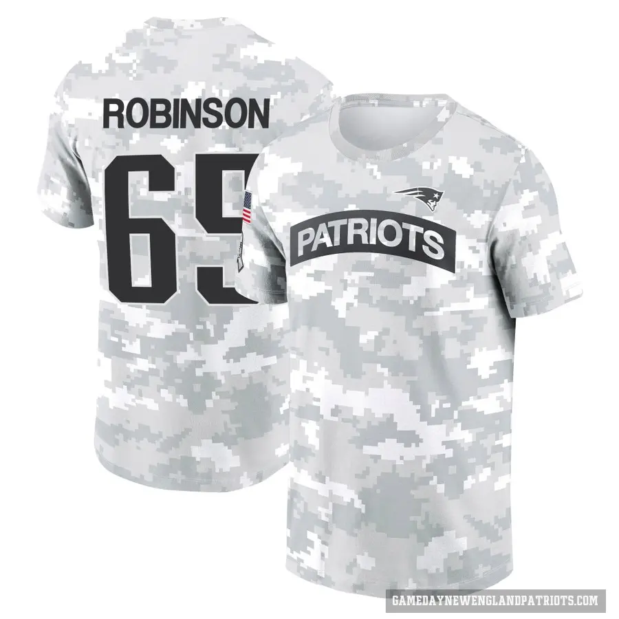 Men's ＃65 Tyrese Robinson New England Patriots Camo Arctic 2024 Salute to Service Performance T-Shirt