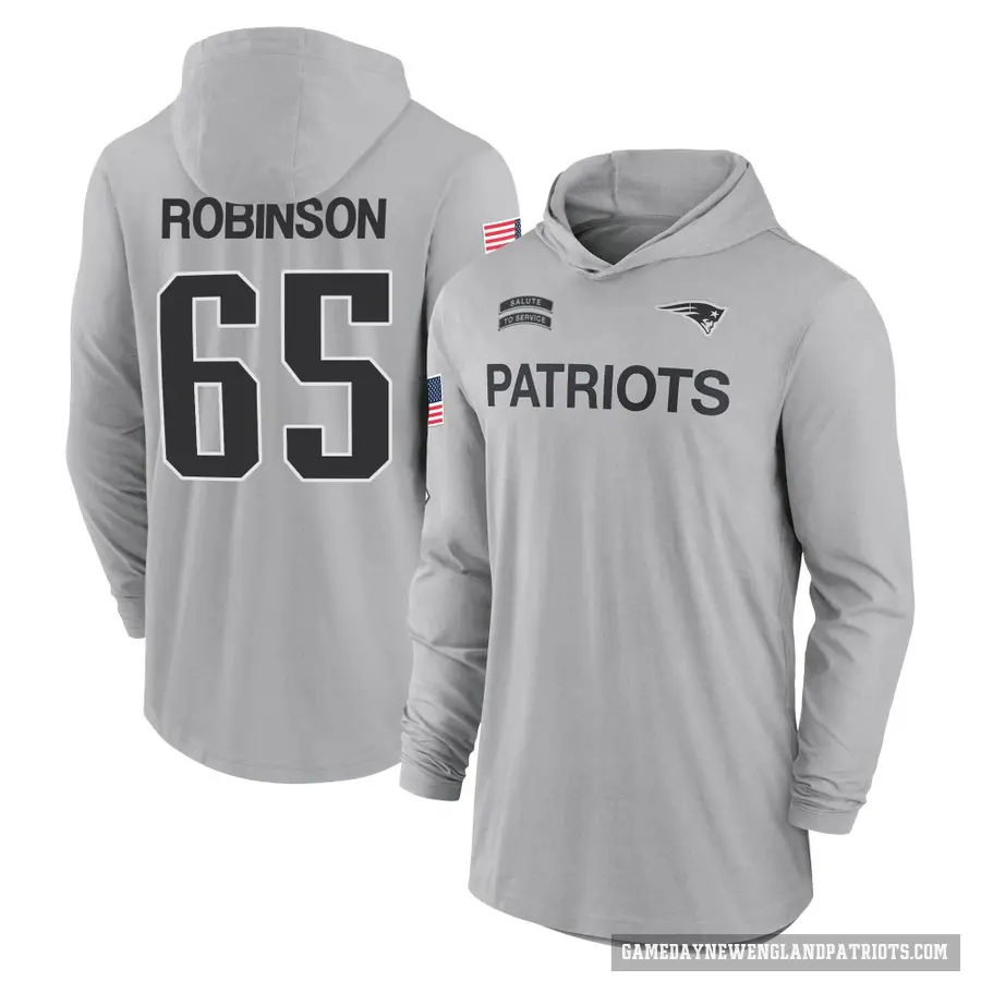 Men's ＃65 Tyrese Robinson New England Patriots Gray 2024 Salute to Service Lightweight Performance Long Sleeve Hooded T-Shirt