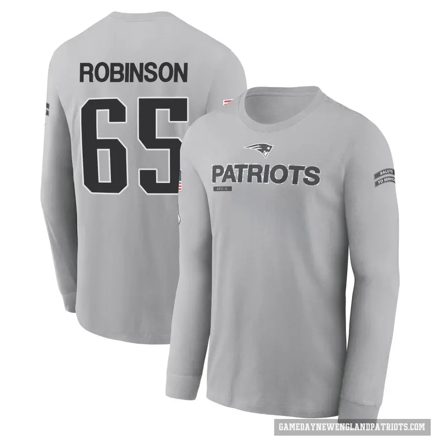 Men's ＃65 Tyrese Robinson New England Patriots Gray 2024 Salute to Service Long Sleeve T-Shirt