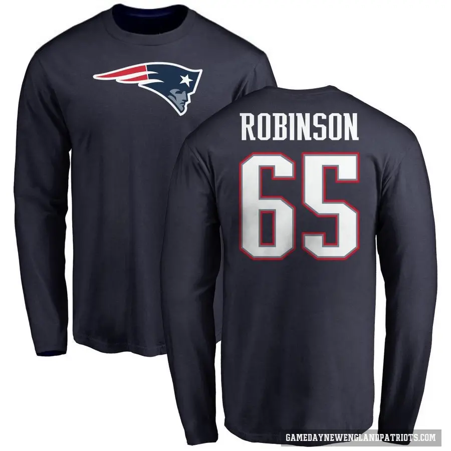 Men's ＃65 Tyrese Robinson New England Patriots Navy Logo Long Sleeve T-Shirt