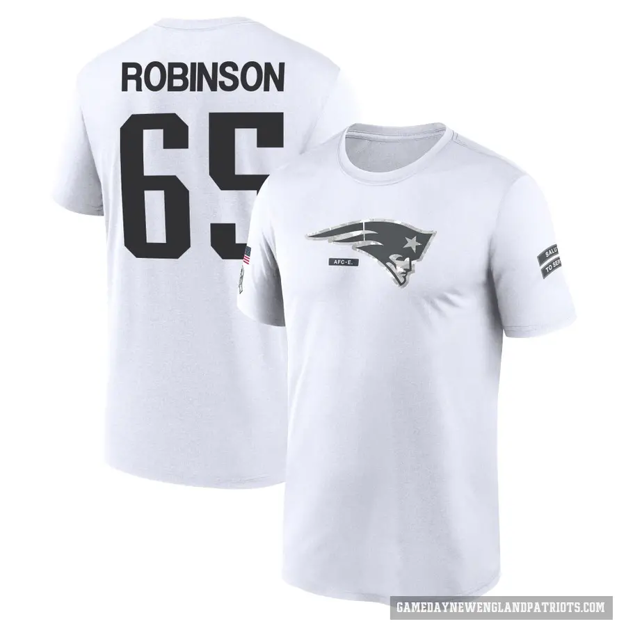 Men's ＃65 Tyrese Robinson New England Patriots White 2024 Salute to Service Performance T-Shirt