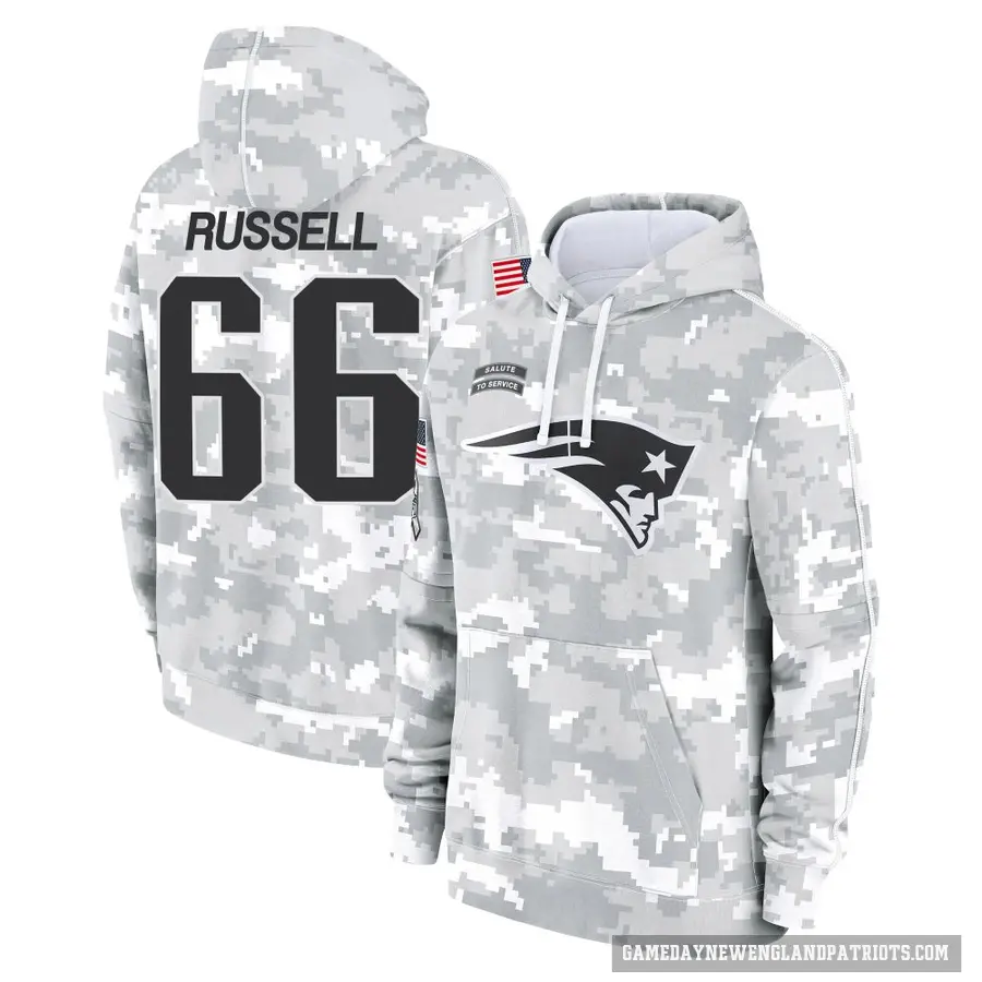 Men's ＃66 Jotham Russell New England Patriots Arctic Camo 2024 Salute to Service Club Fleece Pullover Hoodie