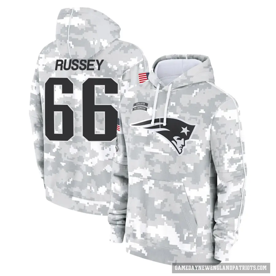 Men's ＃66 Kody Russey New England Patriots Arctic Camo 2024 Salute to Service Club Fleece Pullover Hoodie