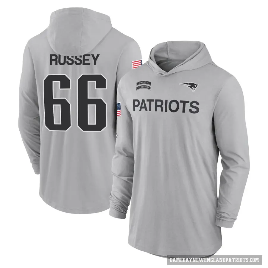 Men's ＃66 Kody Russey New England Patriots Gray 2024 Salute to Service Lightweight Performance Long Sleeve Hooded T-Shirt