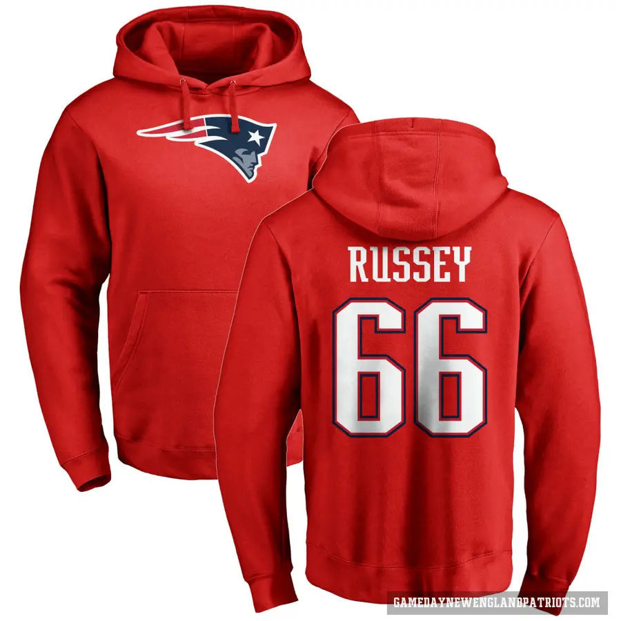 Men's ＃66 Kody Russey New England Patriots Red Pro Line Name & Number Logo Pullover Hoodie